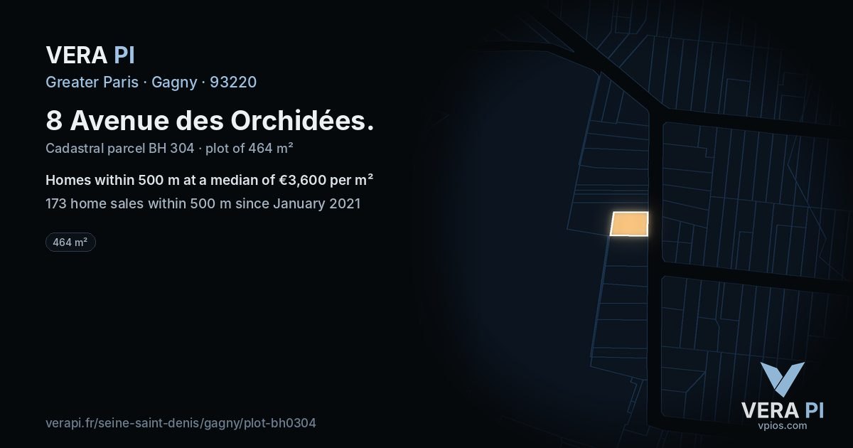 8 Avenue des Orchidées, Gagny at night – the plot lit, the parcels around coloured by the prices near them