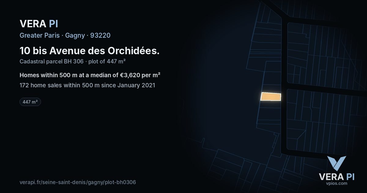 10 bis Avenue des Orchidées, Gagny at night – the plot lit, the parcels around coloured by the prices near them