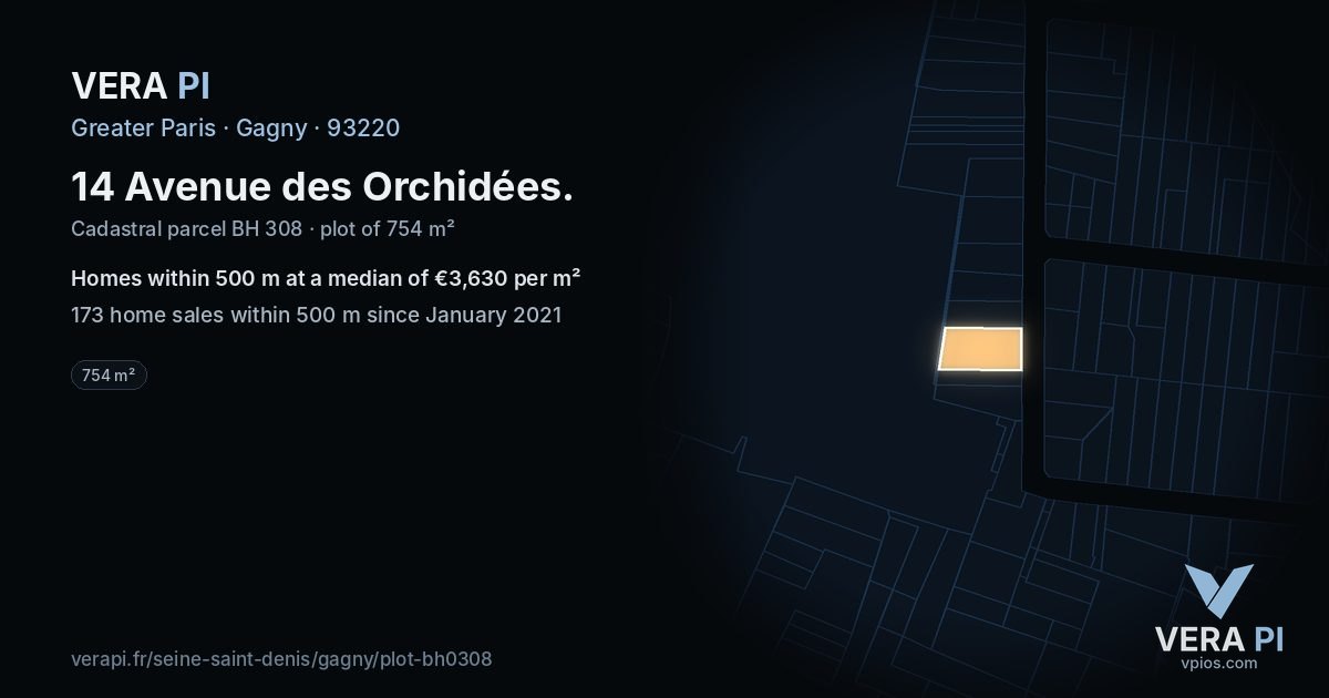 14 Avenue des Orchidées, Gagny at night – the plot lit, the parcels around coloured by the prices near them
