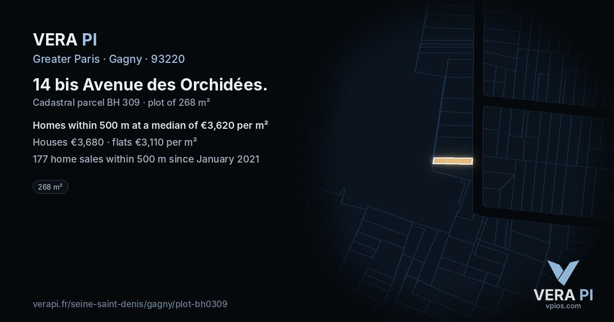 14 bis Avenue des Orchidées, Gagny at night – the plot lit, the parcels around coloured by the prices near them