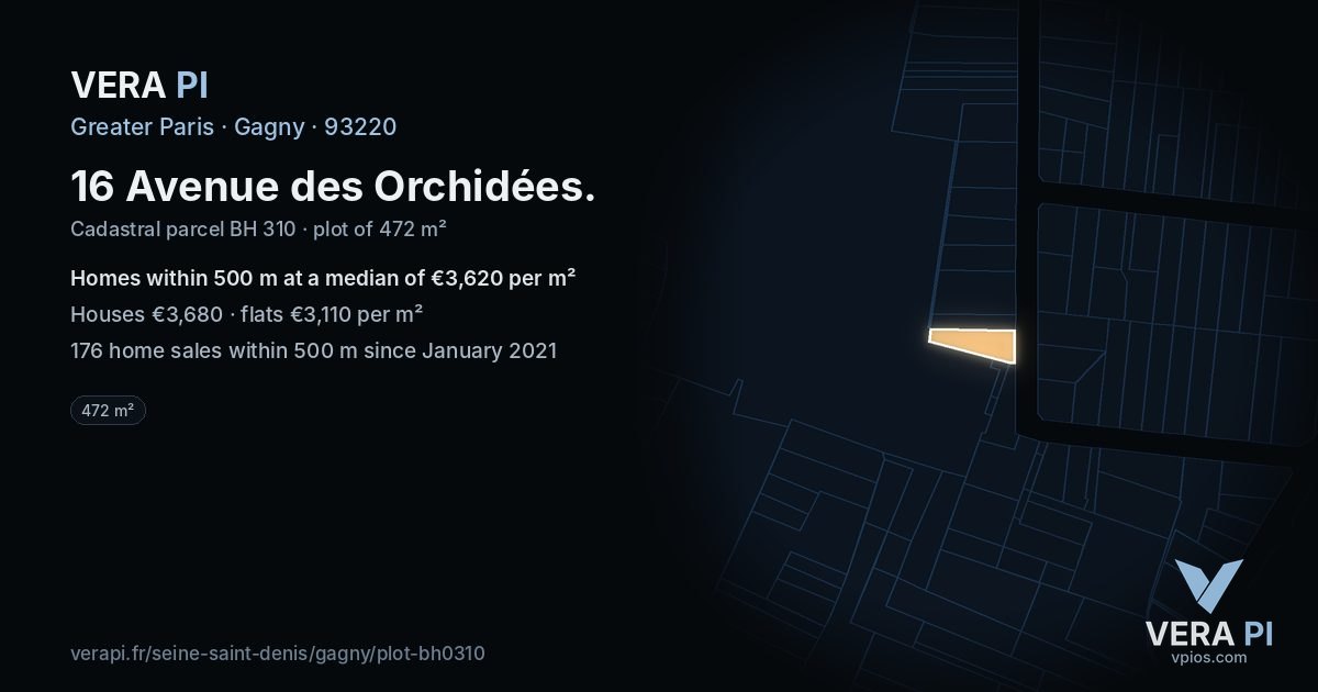 16 Avenue des Orchidées, Gagny at night – the plot lit, the parcels around coloured by the prices near them