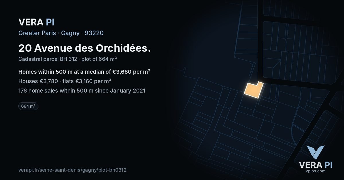 20 Avenue des Orchidées, Gagny at night – the plot lit, the parcels around coloured by the prices near them