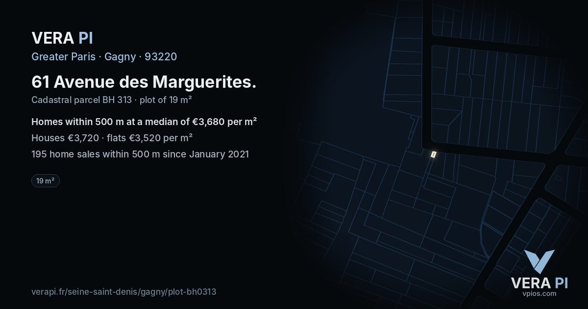 61 Avenue des Marguerites, Gagny at night – the plot lit, the parcels around coloured by the prices near them