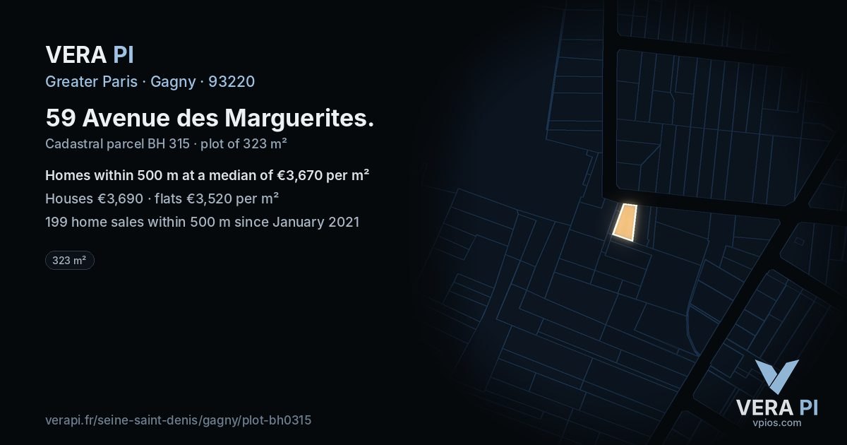 59 Avenue des Marguerites, Gagny at night – the plot lit, the parcels around coloured by the prices near them