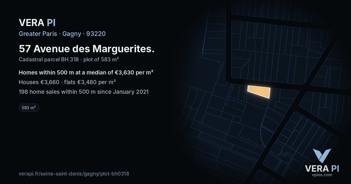 57 Avenue des Marguerites, Gagny at night – the plot lit, the parcels around coloured by the prices near them