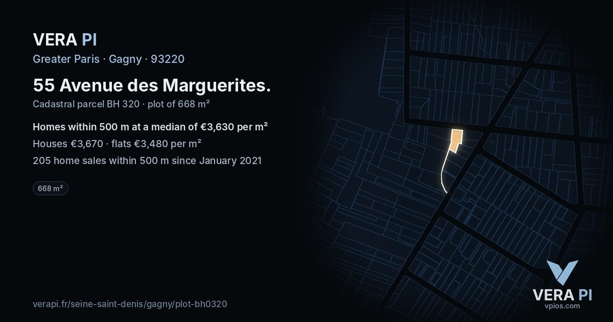 55 Avenue des Marguerites, Gagny at night – the plot lit, the parcels around coloured by the prices near them