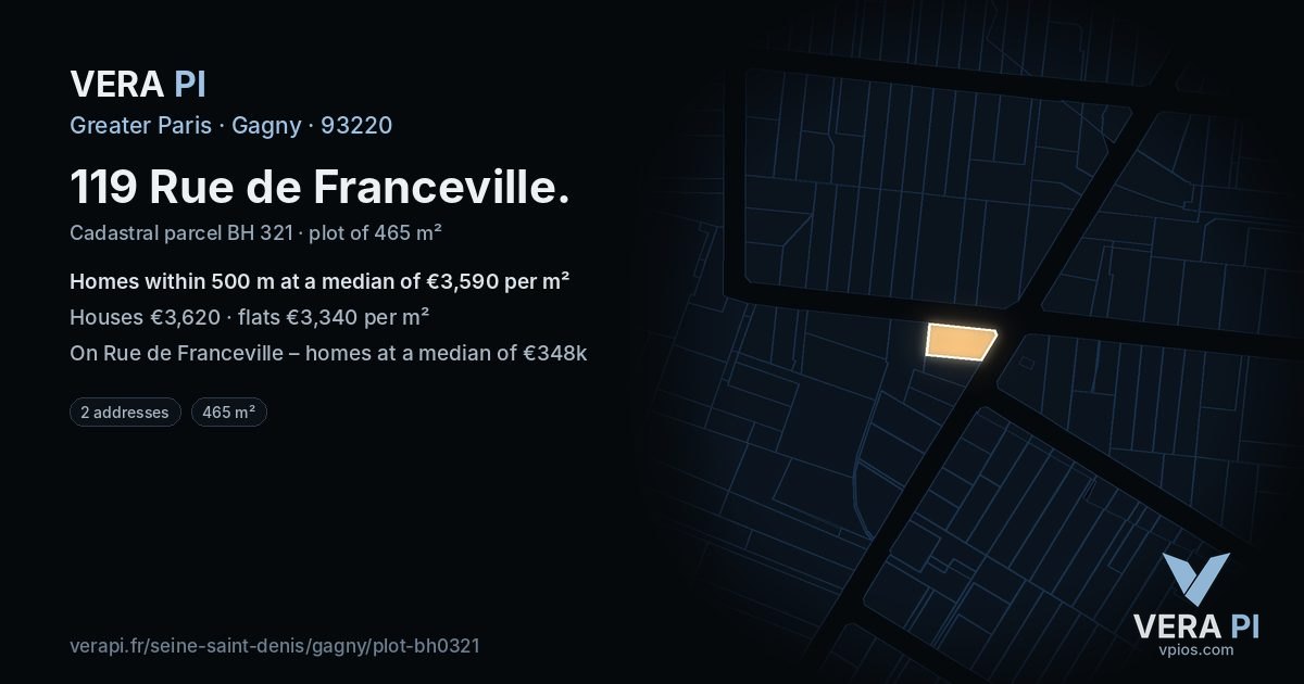 119 Rue de Franceville, Gagny at night – the plot lit, the parcels around coloured by the prices near them