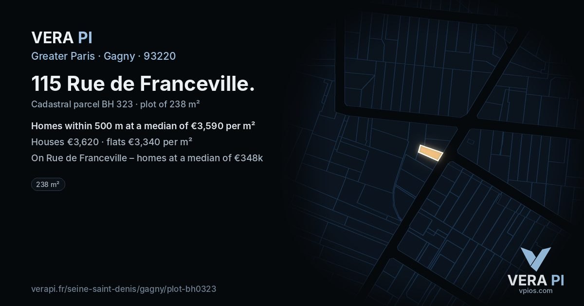 115 Rue de Franceville, Gagny at night – the plot lit, the parcels around coloured by the prices near them