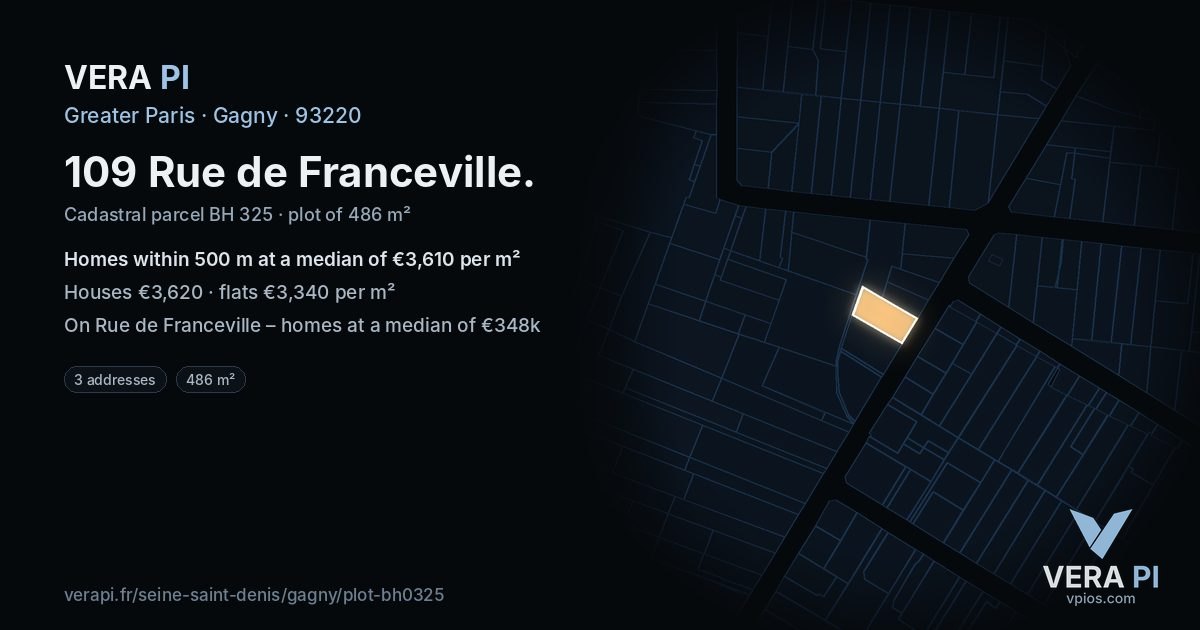 109 Rue de Franceville, Gagny at night – the plot lit, the parcels around coloured by the prices near them