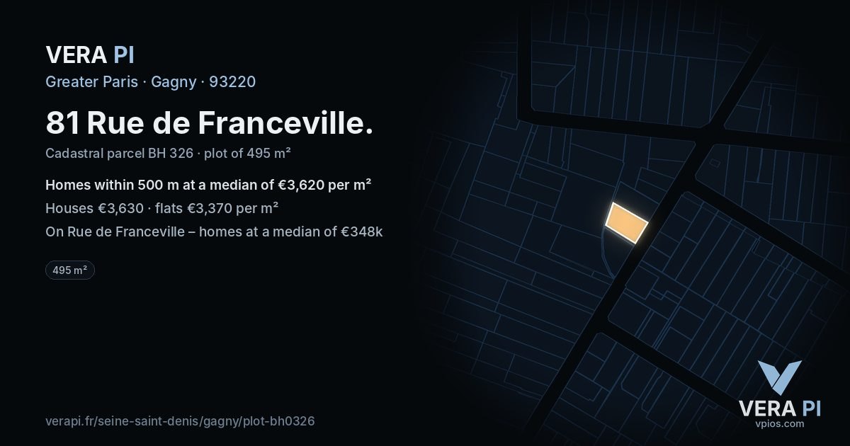 81 Rue de Franceville, Gagny at night – the plot lit, the parcels around coloured by the prices near them