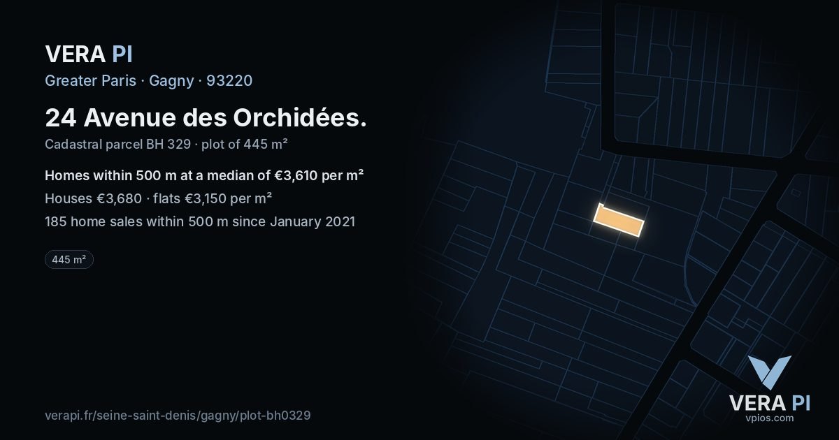 24 Avenue des Orchidées, Gagny at night – the plot lit, the parcels around coloured by the prices near them