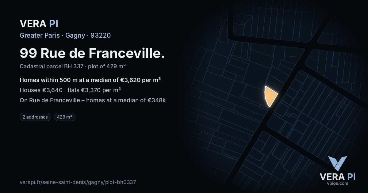 99 Rue de Franceville, Gagny at night – the plot lit, the parcels around coloured by the prices near them