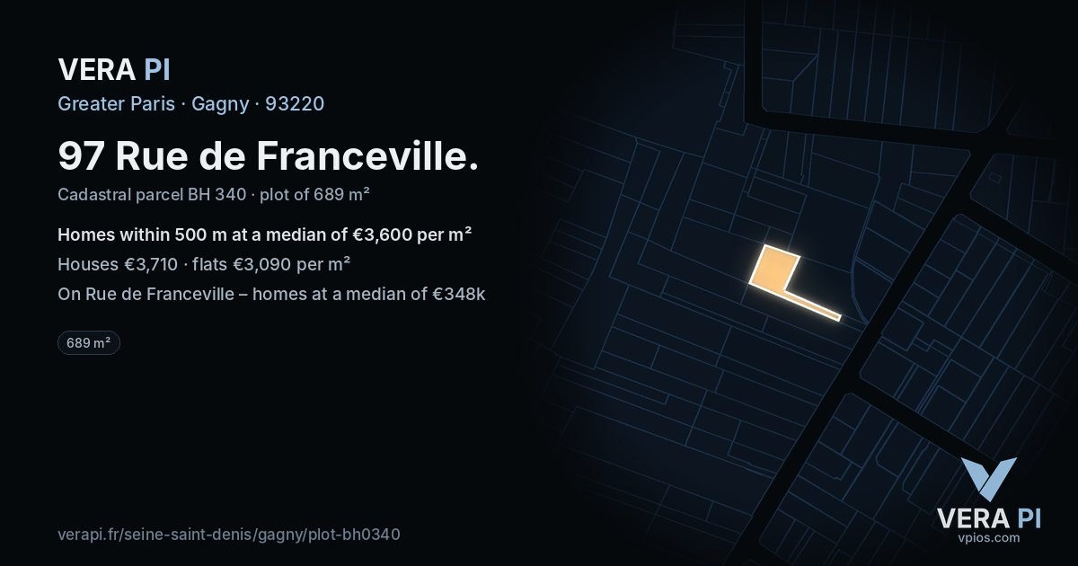 97 Rue de Franceville, Gagny at night – the plot lit, the parcels around coloured by the prices near them