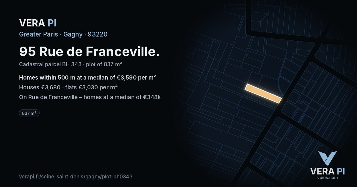 95 Rue de Franceville, Gagny at night – the plot lit, the parcels around coloured by the prices near them