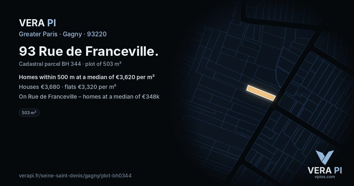 93 Rue de Franceville, Gagny at night – the plot lit, the parcels around coloured by the prices near them