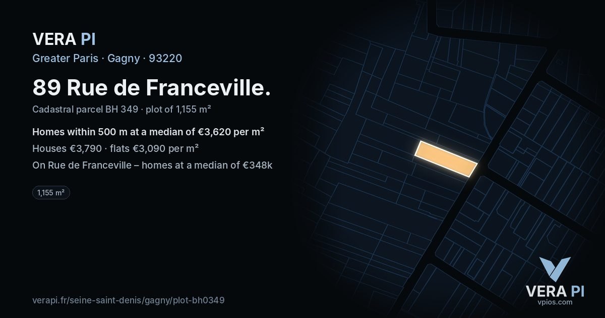 89 Rue de Franceville, Gagny at night – the plot lit, the parcels around coloured by the prices near them