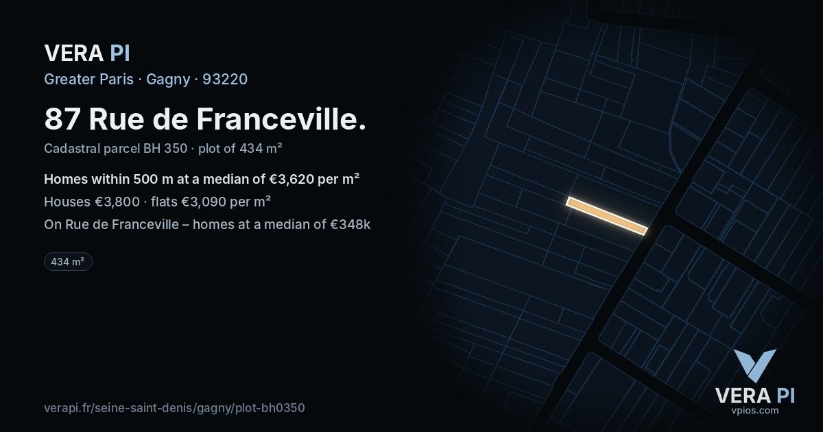 87 Rue de Franceville, Gagny at night – the plot lit, the parcels around coloured by the prices near them