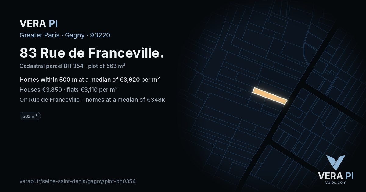 83 Rue de Franceville, Gagny at night – the plot lit, the parcels around coloured by the prices near them