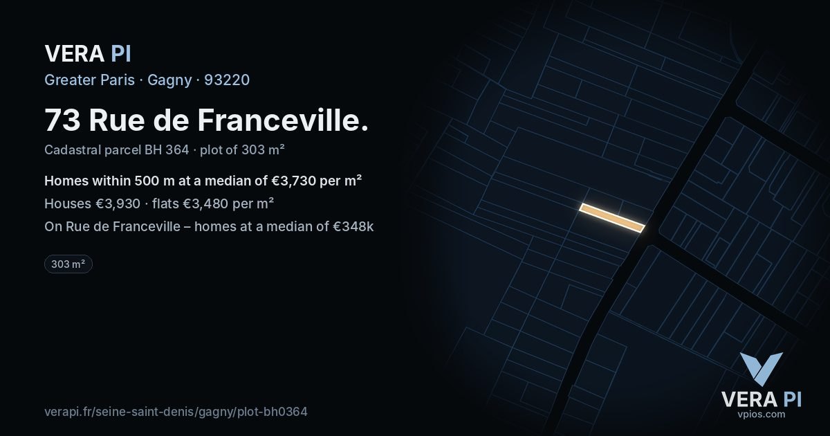 73 Rue de Franceville, Gagny at night – the plot lit, the parcels around coloured by the prices near them
