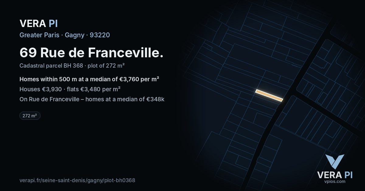 69 Rue de Franceville, Gagny at night – the plot lit, the parcels around coloured by the prices near them