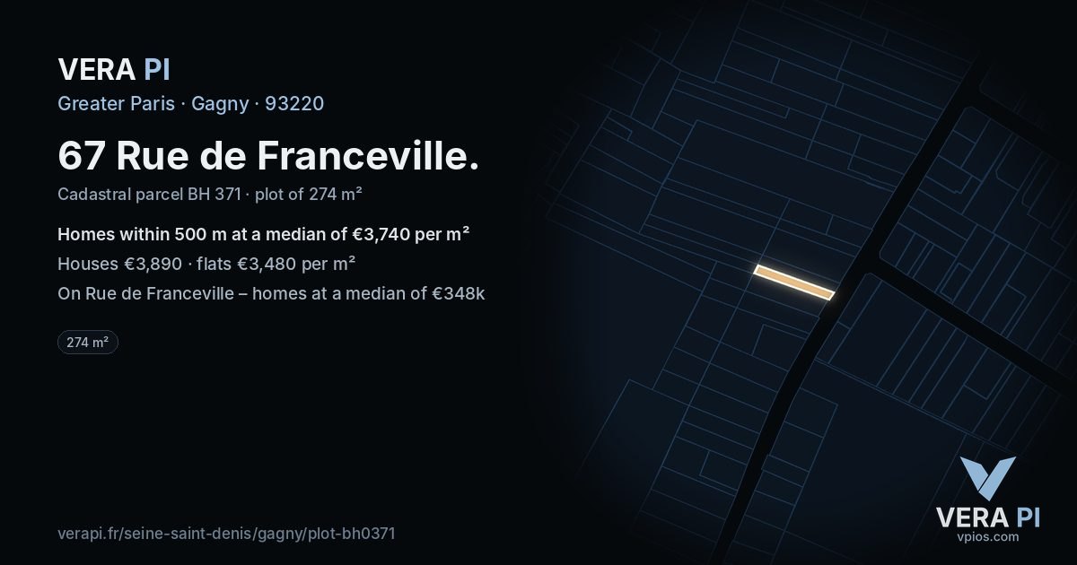 67 Rue de Franceville, Gagny at night – the plot lit, the parcels around coloured by the prices near them