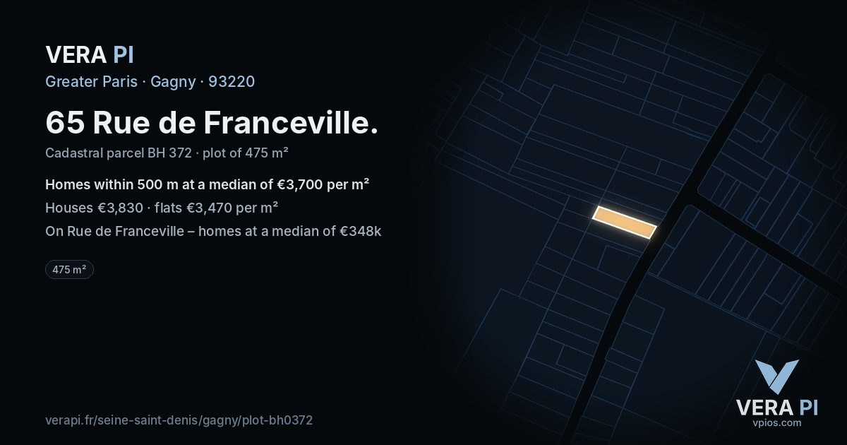 65 Rue de Franceville, Gagny at night – the plot lit, the parcels around coloured by the prices near them