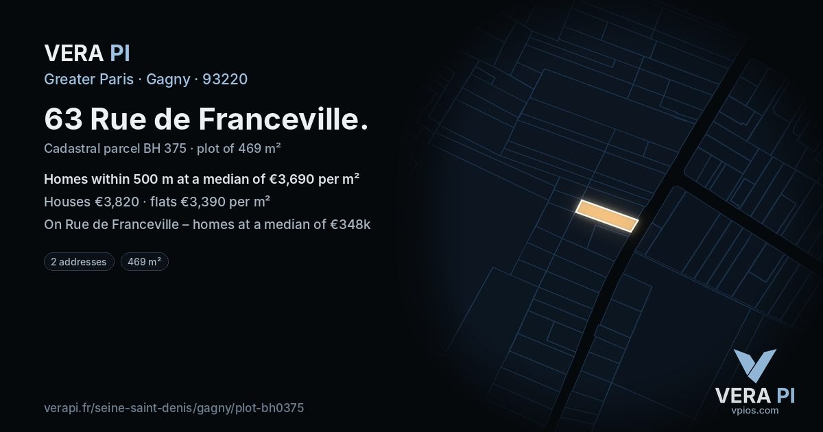 63 Rue de Franceville, Gagny at night – the plot lit, the parcels around coloured by the prices near them