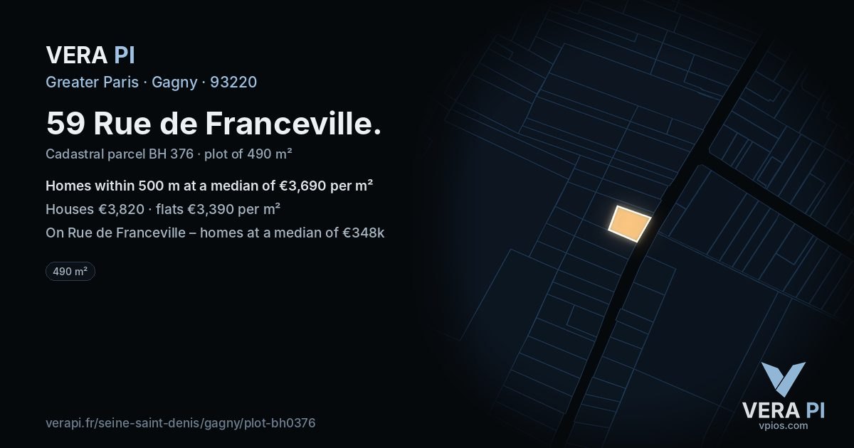 59 Rue de Franceville, Gagny at night – the plot lit, the parcels around coloured by the prices near them