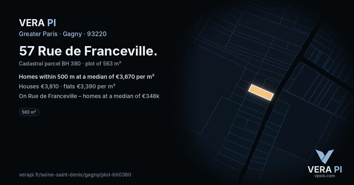 57 Rue de Franceville, Gagny at night – the plot lit, the parcels around coloured by the prices near them