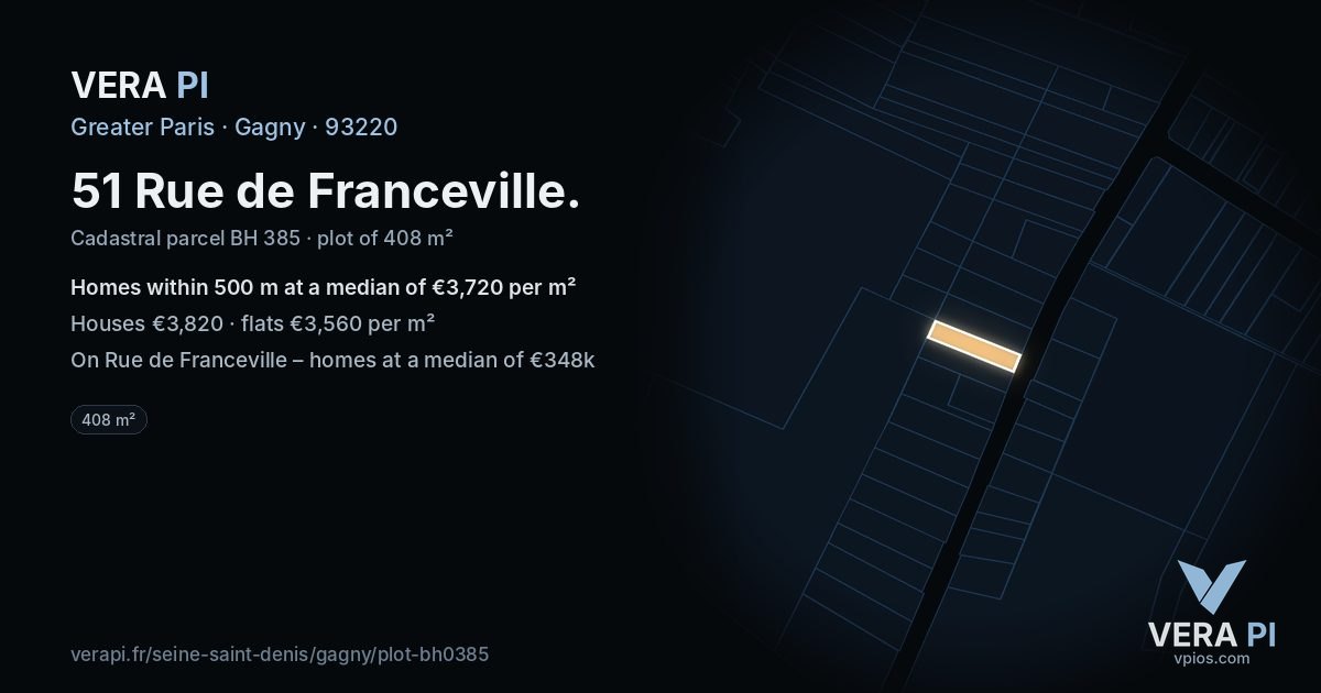 51 Rue de Franceville, Gagny at night – the plot lit, the parcels around coloured by the prices near them