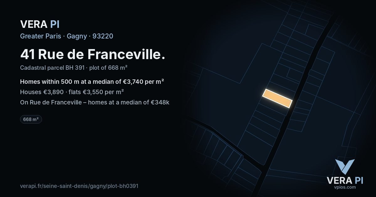 41 Rue de Franceville, Gagny at night – the plot lit, the parcels around coloured by the prices near them