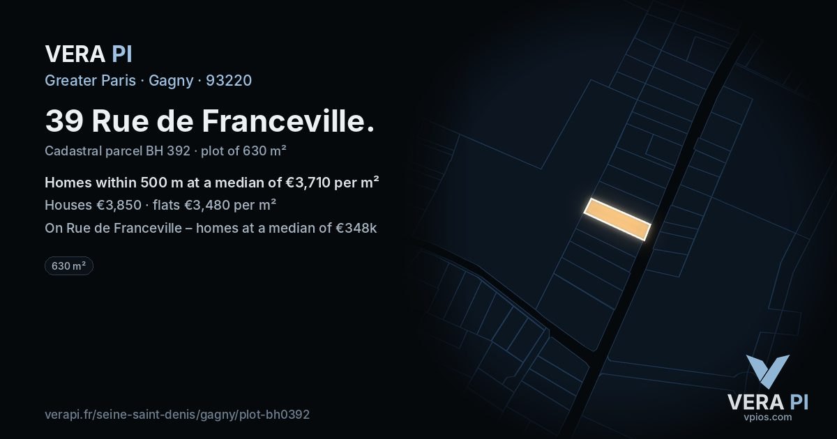 39 Rue de Franceville, Gagny at night – the plot lit, the parcels around coloured by the prices near them