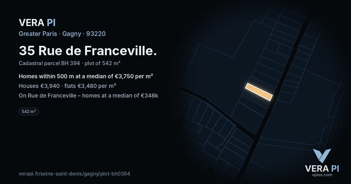 35 Rue de Franceville, Gagny at night – the plot lit, the parcels around coloured by the prices near them