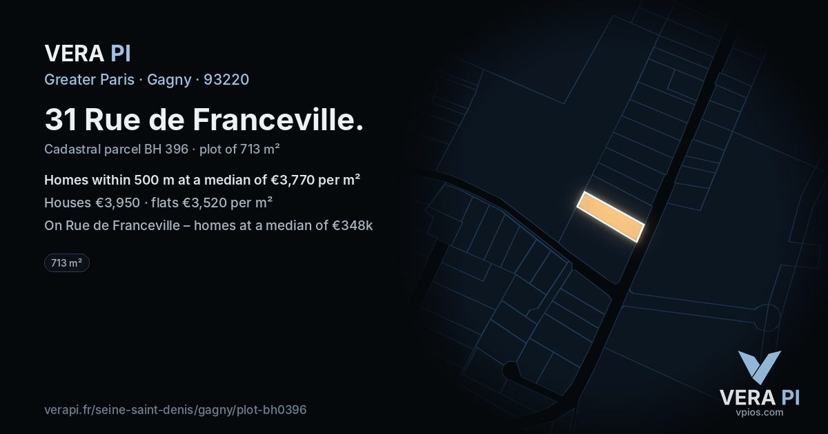 31 Rue de Franceville, Gagny at night – the plot lit, the parcels around coloured by the prices near them