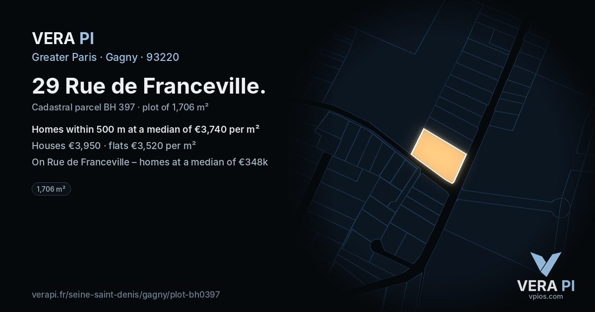 29 Rue de Franceville, Gagny at night – the plot lit, the parcels around coloured by the prices near them