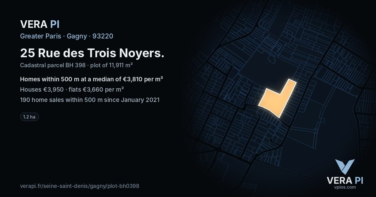 25 Rue des Trois Noyers, Gagny at night – the plot lit, the parcels around coloured by the prices near them
