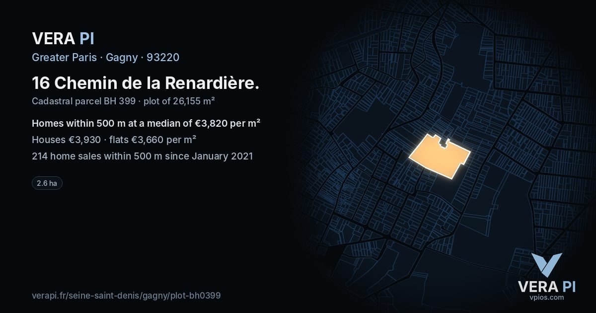 16 Chemin de la Renardière, Gagny at night – the plot lit, the parcels around coloured by the prices near them