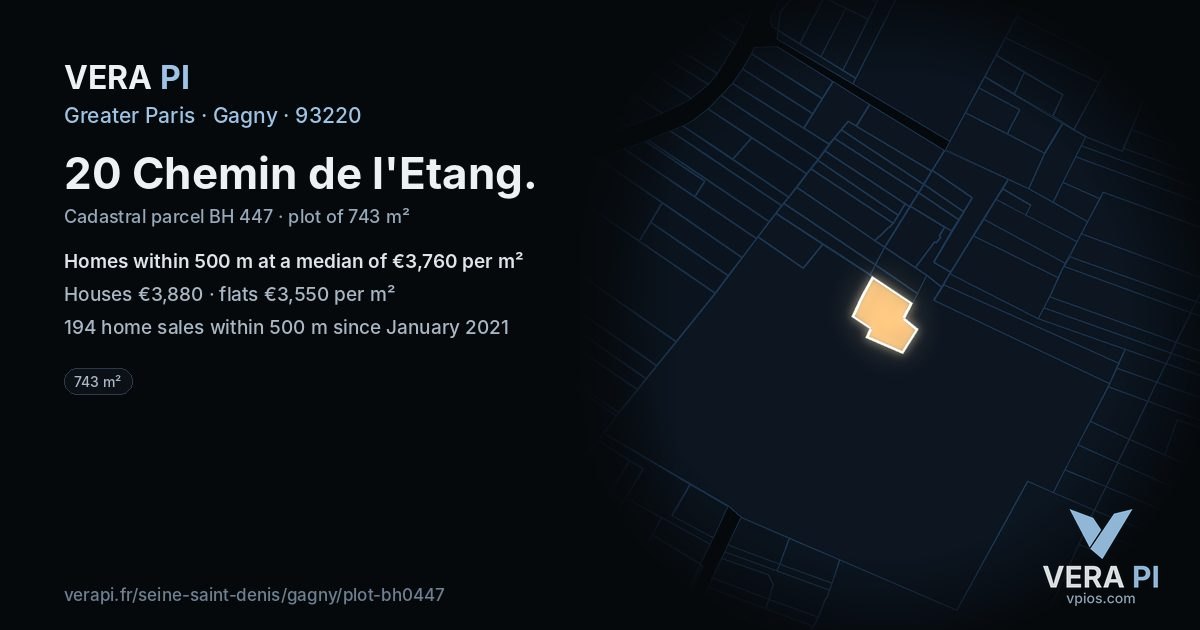 20 Chemin de l'Etang, Gagny at night – the plot lit, the parcels around coloured by the prices near them