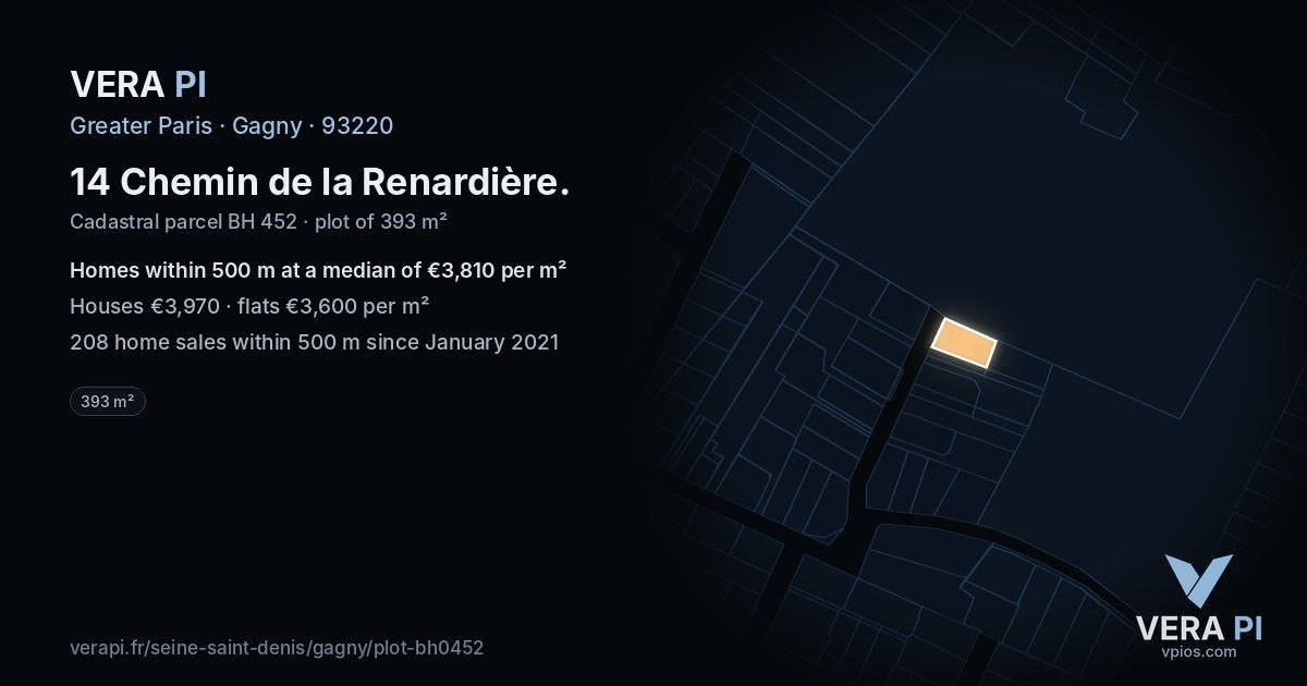 14 Chemin de la Renardière, Gagny at night – the plot lit, the parcels around coloured by the prices near them