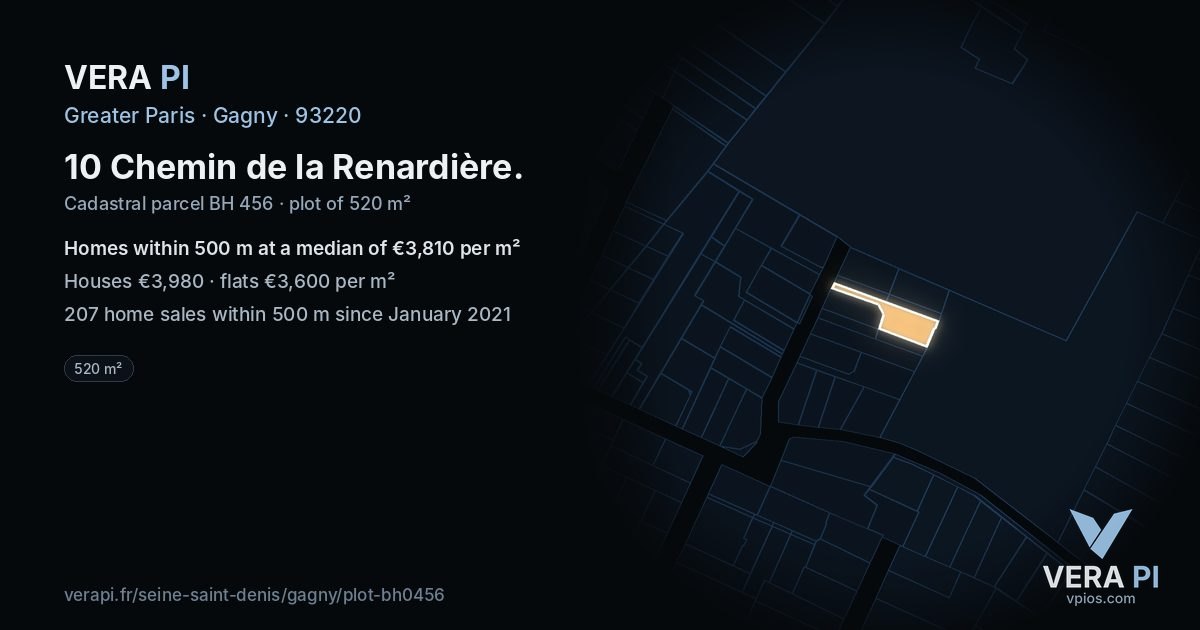 10 Chemin de la Renardière, Gagny at night – the plot lit, the parcels around coloured by the prices near them
