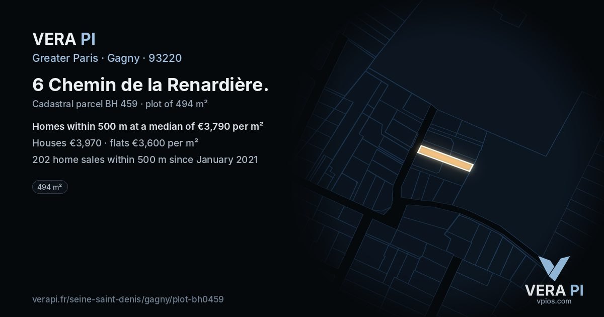 6 Chemin de la Renardière, Gagny at night – the plot lit, the parcels around coloured by the prices near them