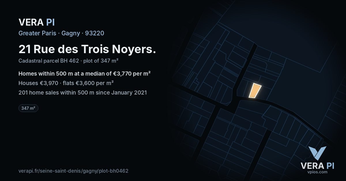 21 Rue des Trois Noyers, Gagny at night – the plot lit, the parcels around coloured by the prices near them