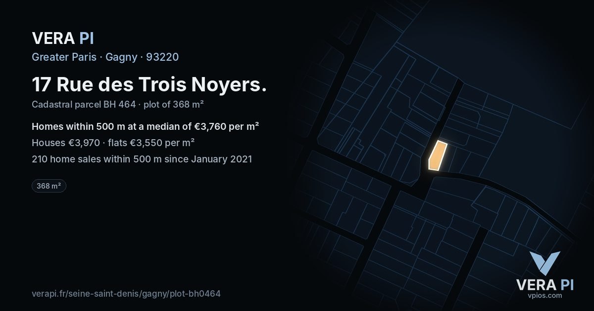 17 Rue des Trois Noyers, Gagny at night – the plot lit, the parcels around coloured by the prices near them