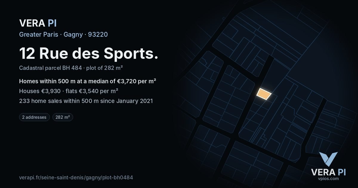 12 Rue des Sports, Gagny at night – the plot lit, the parcels around coloured by the prices near them