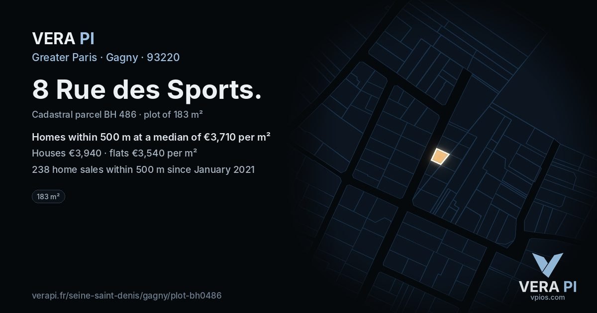 8 Rue des Sports, Gagny at night – the plot lit, the parcels around coloured by the prices near them