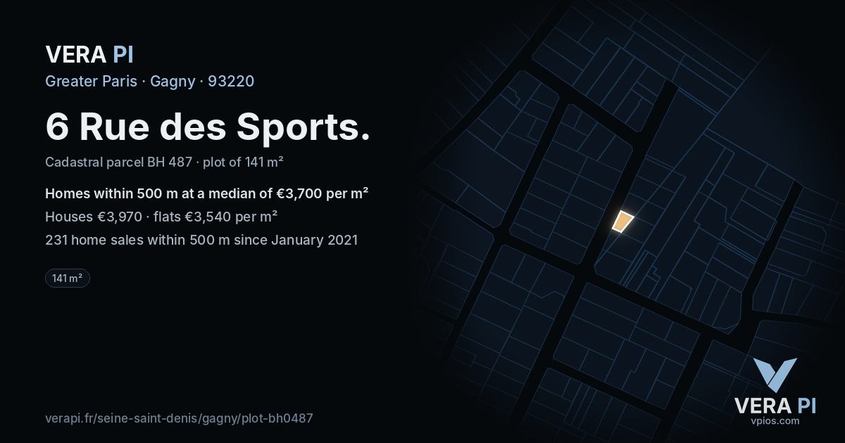 6 Rue des Sports, Gagny at night – the plot lit, the parcels around coloured by the prices near them