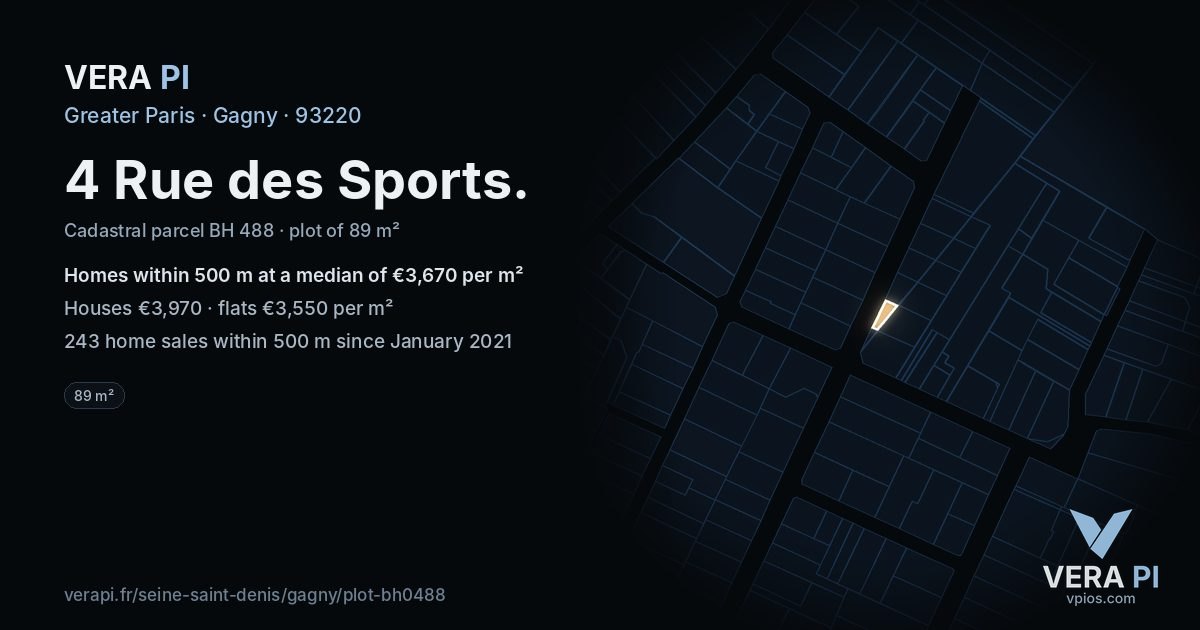 4 Rue des Sports, Gagny at night – the plot lit, the parcels around coloured by the prices near them