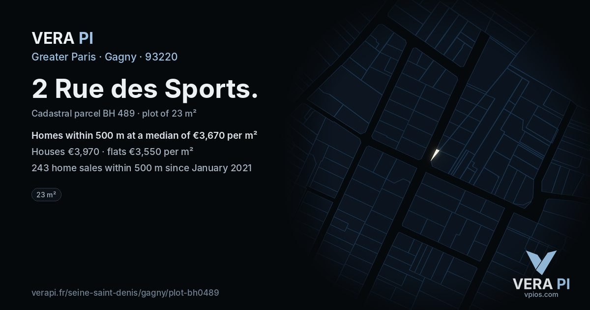 2 Rue des Sports, Gagny at night – the plot lit, the parcels around coloured by the prices near them
