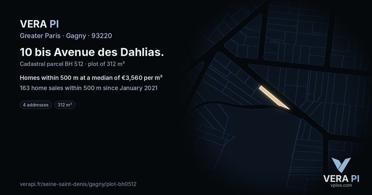 10 bis Avenue des Dahlias, Gagny at night – the plot lit, the parcels around coloured by the prices near them