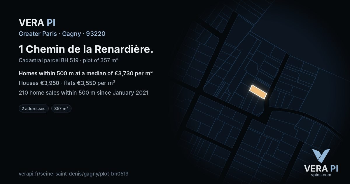 1 Chemin de la Renardière, Gagny at night – the plot lit, the parcels around coloured by the prices near them